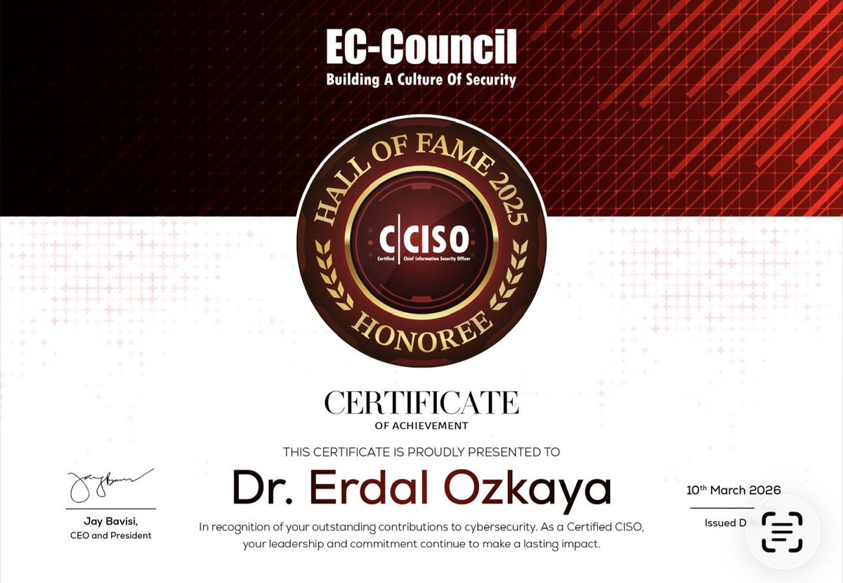 cyberdal's tweet photo. Bugün kariyerime gurur duyduğum bir haber daha aldım ! Dunya’nin en büyük Siber Güvenlik eğitim kurumlarından biri olan @ECCOUNCIL   C|CISO ünlünler duvarında yerini aldım https://t.co/J5uHeXrHYt