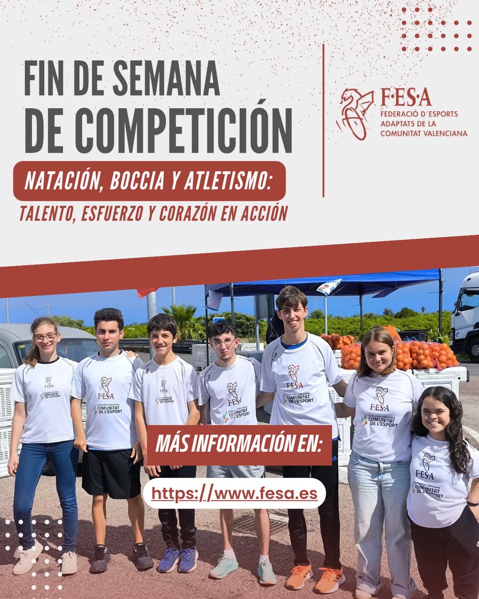FESAVALENCIA's tweet photo. 🏆 Fin de semana de competición para nuestros deportistas en tres frentes:

🏊‍♂️ Natación  
⚪ Boccia  
🏃‍♀️ Atletismo  

Talento, esfuerzo y mucha ilusión representando a FESA en cada prueba. 💪

¡A disfrutar y competir con el corazón! 🔥

#FESA #DeporteAdaptado #Natación #Boccia https://t.co/2tZgTc17fl