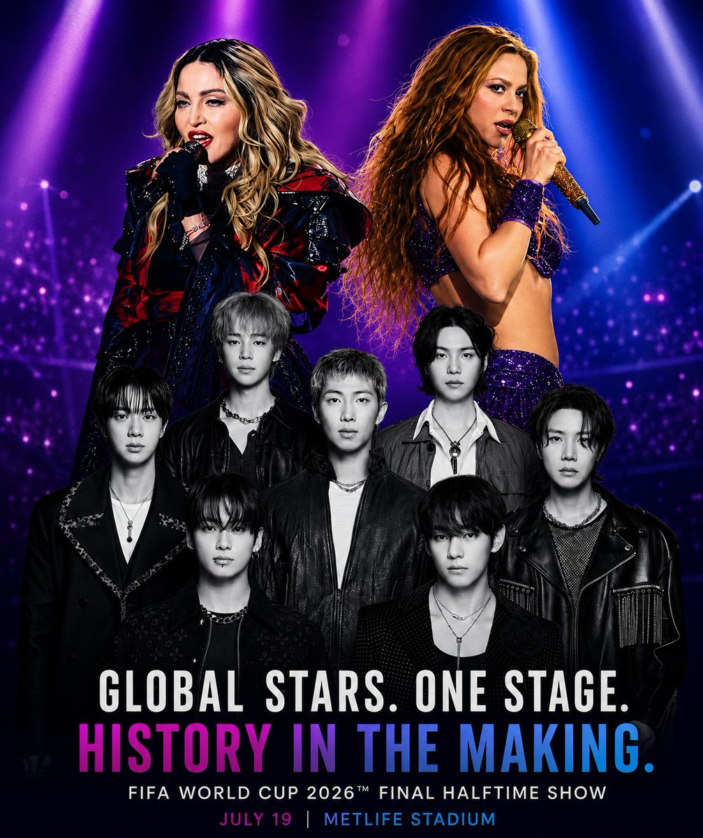 gpnupdate's tweet photo. Music and football fans are in for a historic night as BTS joins global icons Madonna and Shakira for the FIFA World Cup 2026 Final Halftime Show at MetLife Stadium. A spectacular celebration of music, energy, and global unity awaits on July 19.
#BTS #FIFAWorldCup2026 #HalftimeS https://t.co/2eiEV5LnVs