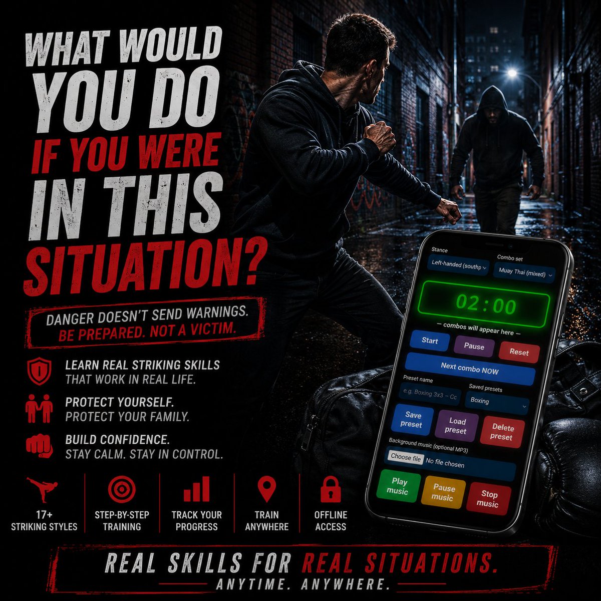 E_TrainerApps's tweet photo. What would you do if this was you? 

Learn real striking skills.
Train anywhere.
Protect yourself. Protect your family. 🥊

📲 Download:
https://t.co/q66PvH4iT7

#EliteTrainerStriking #LearnHowToFight #ProtectYourFamily #FightTraining #MuayThai https://t.co/yIzqmvgyj8