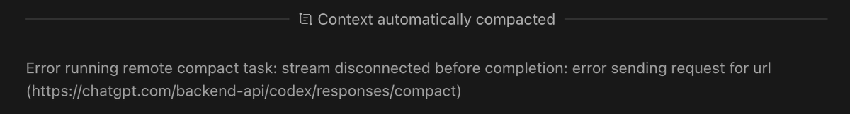 SingularitySwe's tweet photo. @thsottiaux This is so annoying. It started a few days ago. When it happens, the thread is dead and I have to start a new one. This was never a problem for me before 5.5. https://t.co/6ExoYcUhZ8