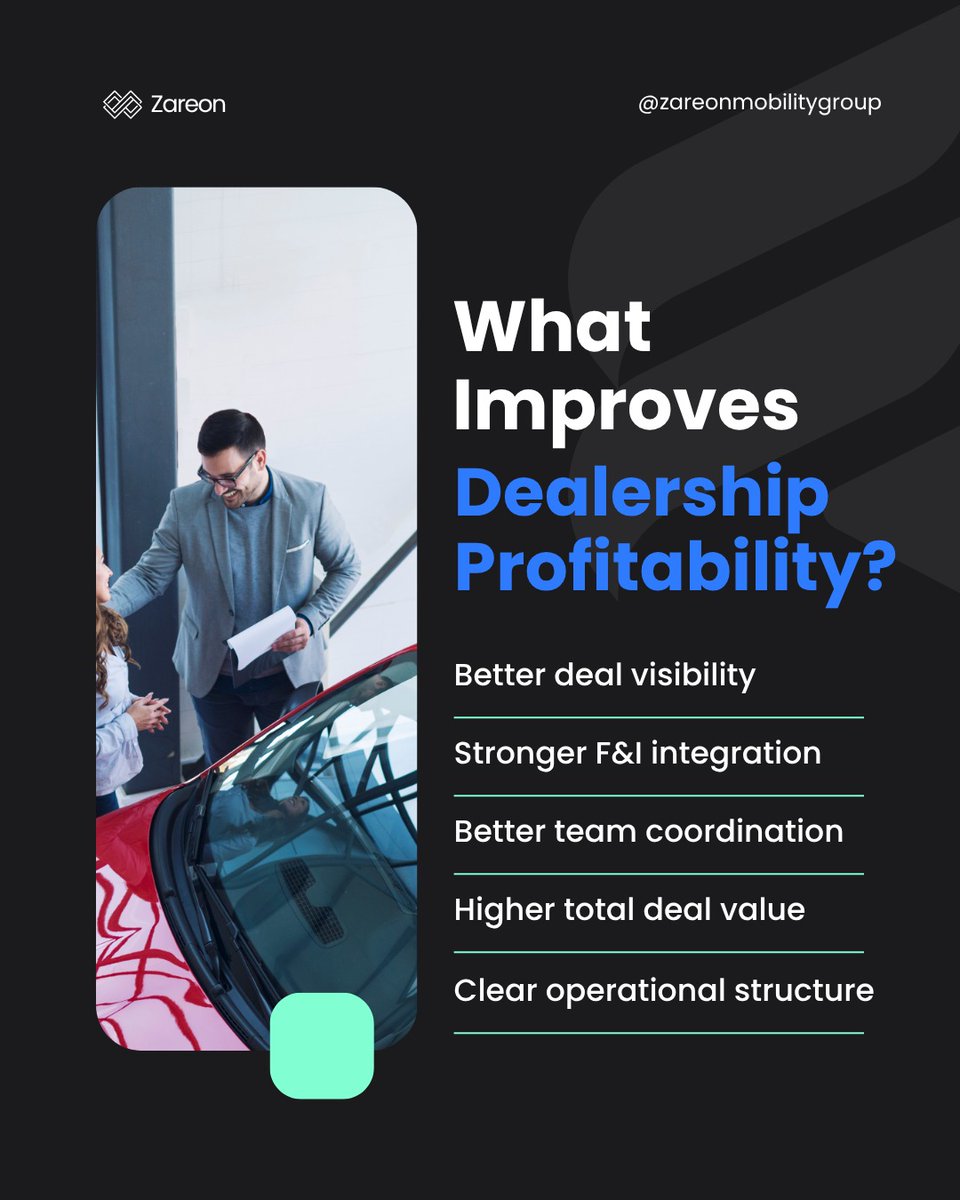 ZGroup55173's tweet photo. Strong dealerships focus on more than vehicle sales.

Better visibility across finance, protection products, and backend coordination helps improve total deal value and operational consistency.

Stronger deal structures create stronger profitability.

📩 Zareon Mobility Group https://t.co/BmCAKxCWLO