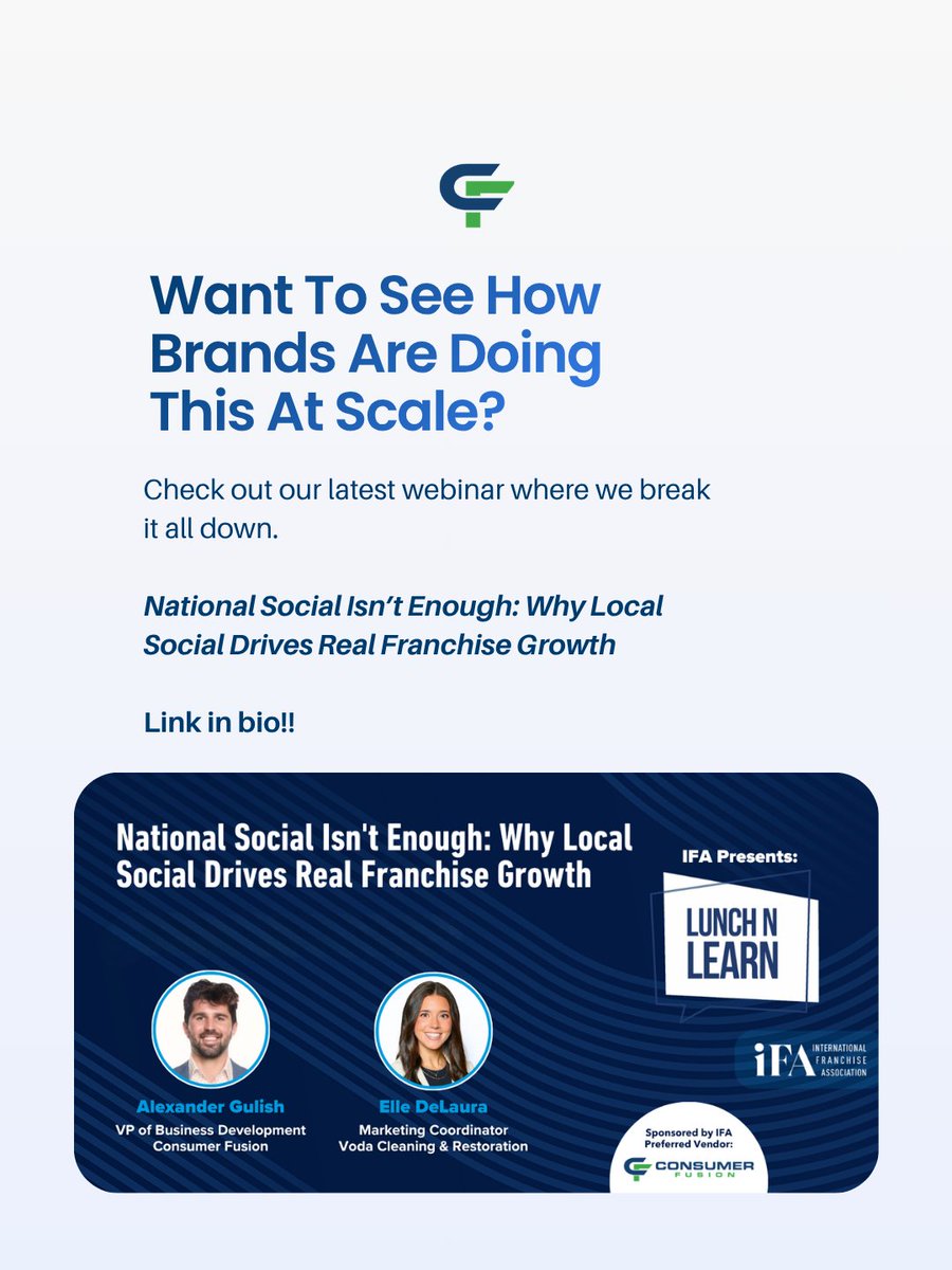 ConsumerFusion's tweet photo. The franchise brands winning on social aren’t just posting nationally.

They’re building trust locally.
📍 Local content
👥 Real people
🌎 Community visibility
Check out the full webinar where we break it down:https://t.co/mwmMOCH1Rx https://t.co/06rlVIOVQA