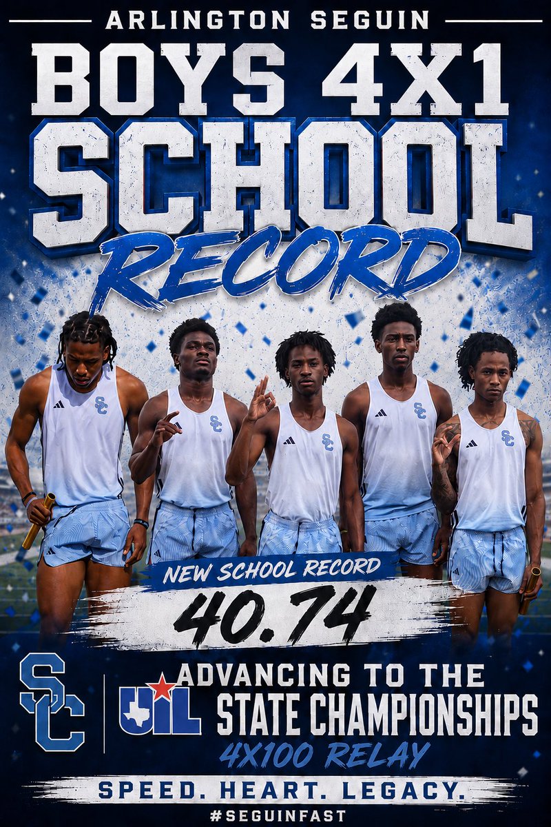 ASeguinTrack's tweet photo. 🥇 STATE DAY!

Congratulations and best of luck to our Boys 4x100 Relay as they compete today at 5:00 PM at the UIL 5A Track and Field State Championships!

📺 Watch on NFHS Network or FloSports.
Go represent Seguin with pride and leave it all on the track! #SeguinNation https://t.co/xaqGIf8fHu