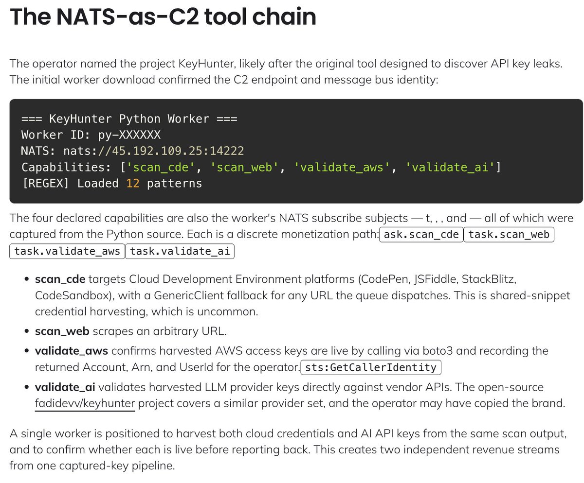 blackorbird's tweet photo. A novel command-and-control (C2) technique in which a threat actor used a NATS server as C2 infrastructure.
https://t.co/9cl4O79L77

ref:
https://t.co/eVW5i2N826

A 'NATS URL' is a string (in a URL format) that specifies the IP address and port where the NATS server(s) can be reached, and what kind of connection to establish:

TLS encrypted only TCP connection (i.e. NATS URLs starting with tls://...)

TLS encrypted if the server is configured for it or plain un-encrypted TCP connection otherwise (i.e. NATS URLs starting with nats://...)

Websocket connection (i.e. NATS URLs starting with ws://...)