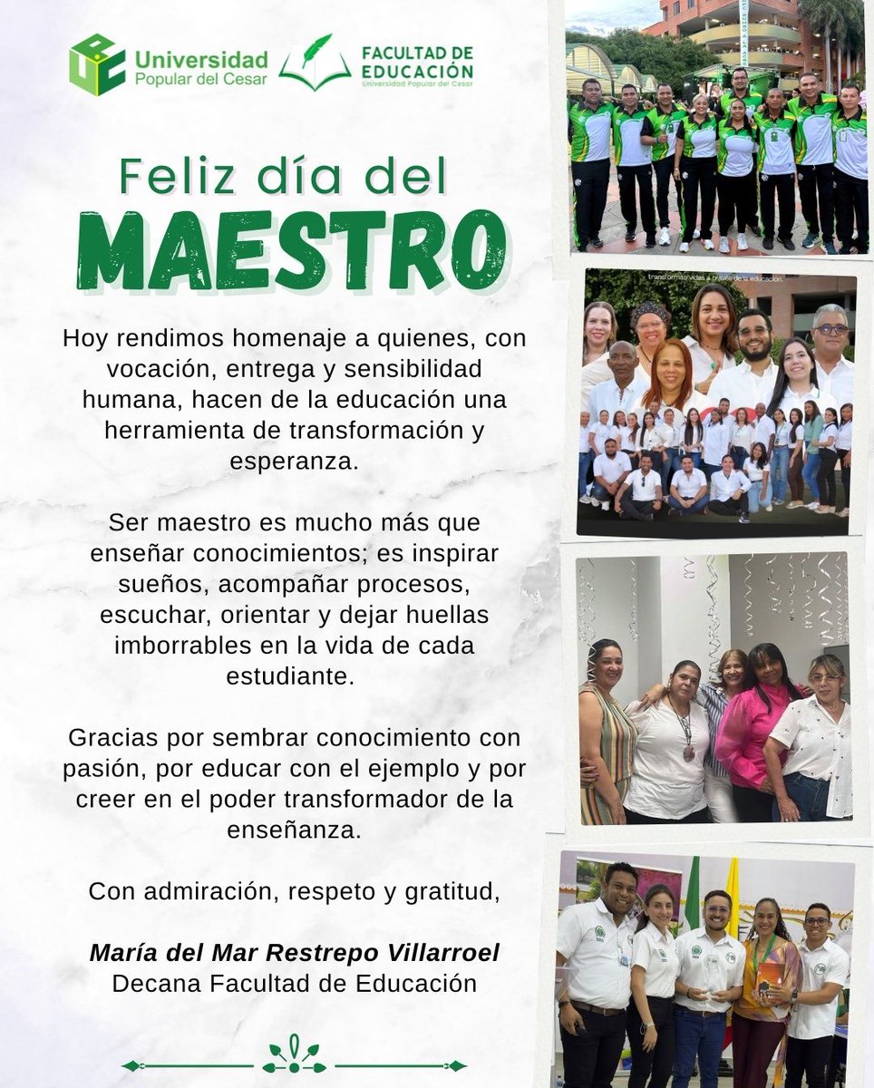 UpcEducacion's tweet photo. La Facultad de Educación exalta y reconoce el valioso trabajo de nuestros maestros, quienes con pasión y entrega construyen conocimiento, esperanza y transformación.

¡Feliz Día del Maestro! https://t.co/XxBAr4XGtu