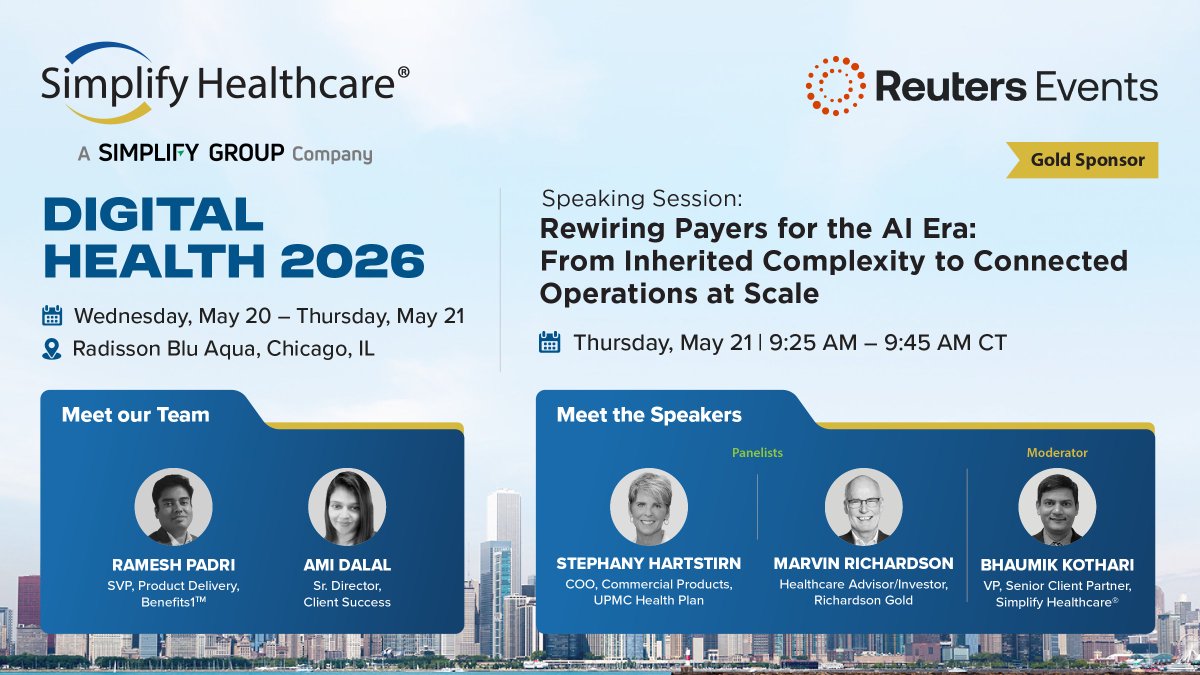 SimplifyHCare's tweet photo. Payer transformation stalls at execution. Catch our session at #DigitalHealth2026 &amp; meet Ramesh + Ami on the ground.

Register Now: https://t.co/UpGT13v1IQ
 
 #SimplifyHealthcare #REDigitalHealth #PayerOps #GroupSales https://t.co/xBLu3dr6xh