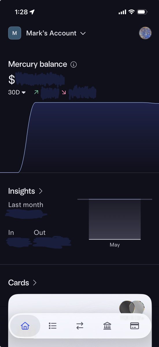 mark_sully's tweet photo. loving the personal @mercury app, but someone needs to move the debit card below the fold on mobile — while in dark mode, the white debit card is diabolically blinding.
you did the unthinkable and brought dark mode to banking. please don't end it like this https://t.co/U9YPMhkFhC