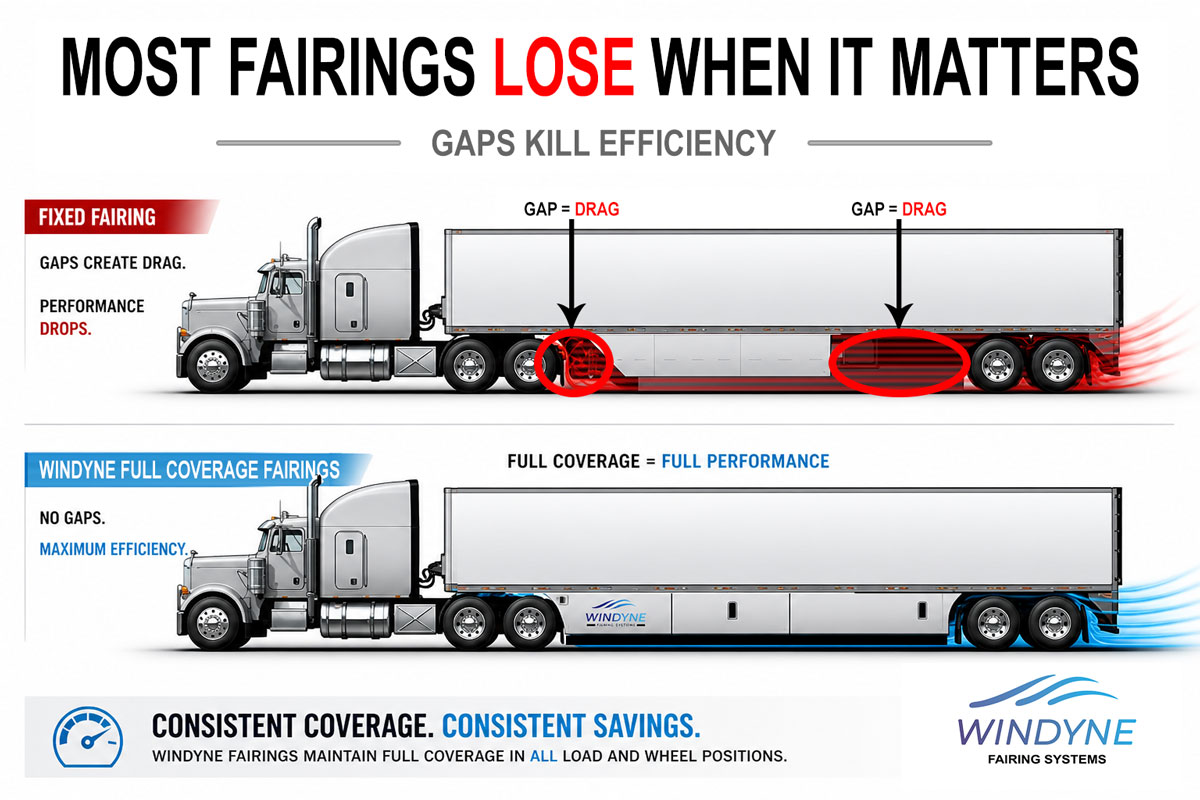 WindyneFairings's tweet photo. Gaps kill efficiency.

Fixed trailer fairings can leave exposed sections as axle positions change.

Windyne Full Coverage Trailer Fairings maintain coverage across all load and axle positions - improving trailer aerodynamics where it matters.

#Trucking #TrailerAerodynamics #FuelEfficiency