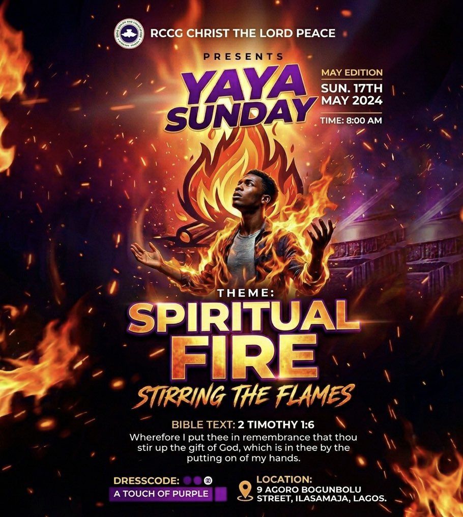 _rccgctlp's tweet photo. YAYA! IT’S TIME TO TURN UP THE HEAT🔥
May is here and we’re not playin,we’re about to set this place on FIRE! 

This Sunday,we’re STIRRING THE FLAMES and reigniting that spiritual fire that makes us unstoppable for God! 

DC: A TOUCH OF PURPLE (Let’s see that royal drip 💜 https://t.co/UlJySUjfty