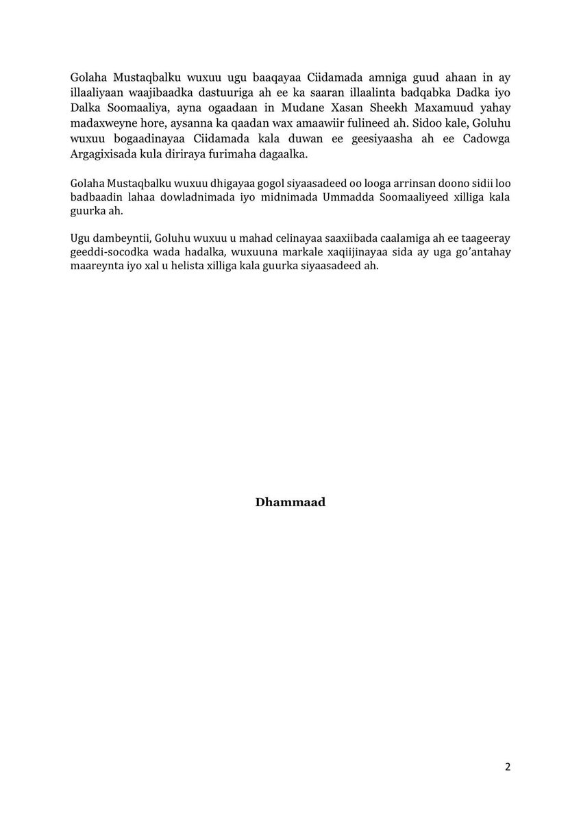 MPMursalKhaliif's tweet photo. Somali Future Council, comprised of Jubaland State, Puntland State & The Rescue Council of Somalia, officially & rightfully declare @HassanSMohamud as the former president of Somalia.
This is based on the fact that his 4-year constitutional term ends today!
#HsmMustGo https://t.co/AOHZ4CSclh
