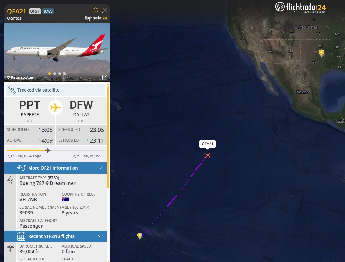 AirportWebcams's tweet photo. LIVE: Qantas #QF21 Melbourne to Dallas (Boeing 787-9 VH-ZNB) is continuing from Tahiti after diverting due to a disruptive passenger who bit a crew member (info from ACARS via https://t.co/DldPHT6XAc ). Track: https://t.co/fbVtlrhRie

DFW webcam: https://t.co/N9WKA6eBog

#avgeek https://t.co/qasA2nZaxY