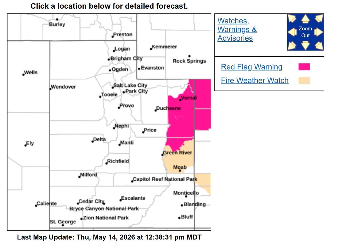 UtahWildfire's tweet photo. 🚩 RED FLAG WARNING 🚩
May 15 | Noon–8 PM
Critical fire weather conditions are expected across Daggett, Grand & Uintah counties with gusty winds, low humidity & dry fuels increasing wildfire risk. Avoid activities that could spark a fire. #UtahFire #FireSense https://t.co/96iSjGyGW8