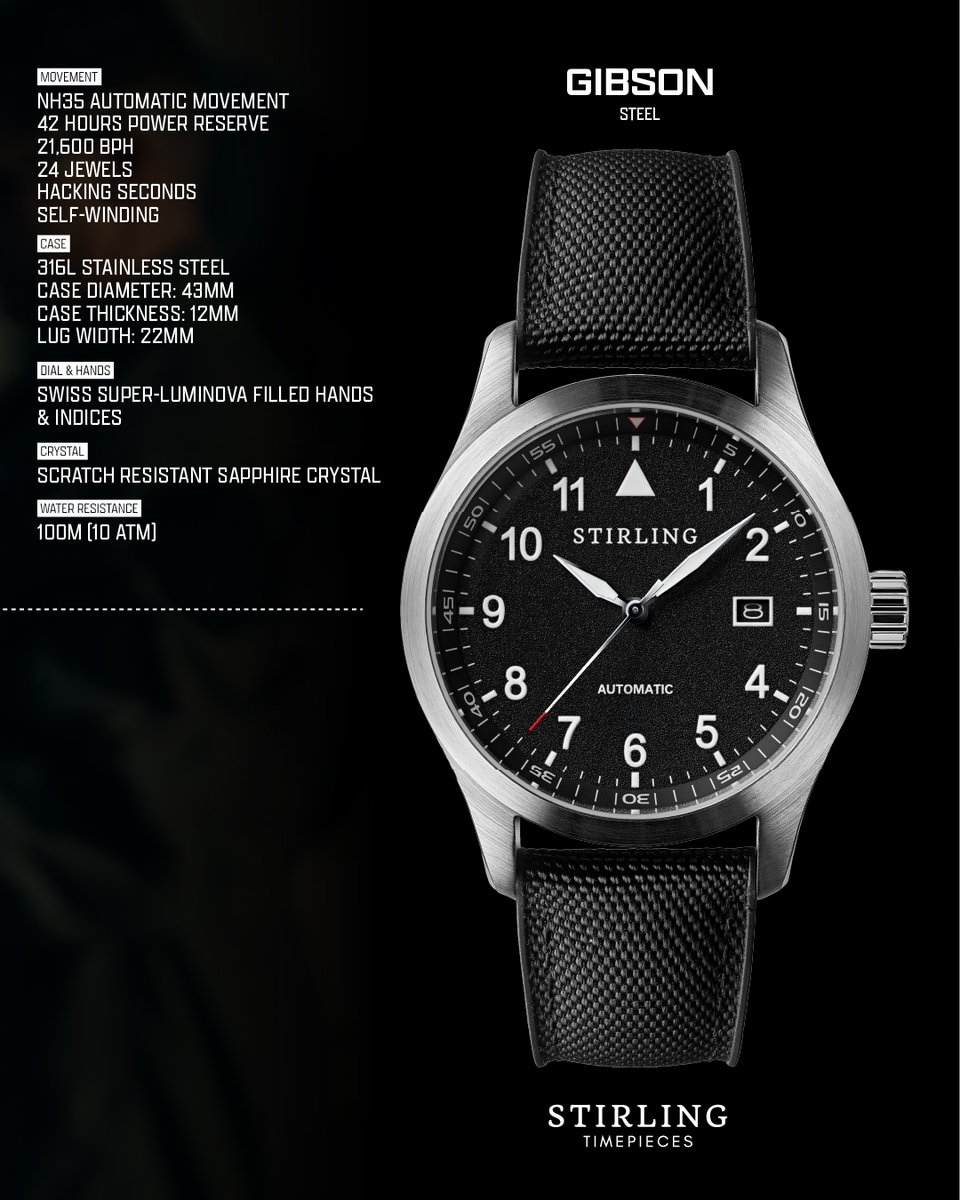Stirlingtime's tweet photo. The pilot watch was built around one principle, absolute clarity under pressure.

That same purpose makes the Gibson just as capable beyond the cockpit, from daily wear to demanding environments where reliability and legibility still matter. https://t.co/ffv0rlhOAe