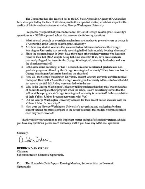RepVanOrden's tweet photo. Student veterans who served this country should never be blindsided days before classes begin with notice that they must suddenly come up with up to $20K or withdraw from their program altogether

I am demanding answers from @GWtweets and requested a formal investigation by the @VetAffairsOIG