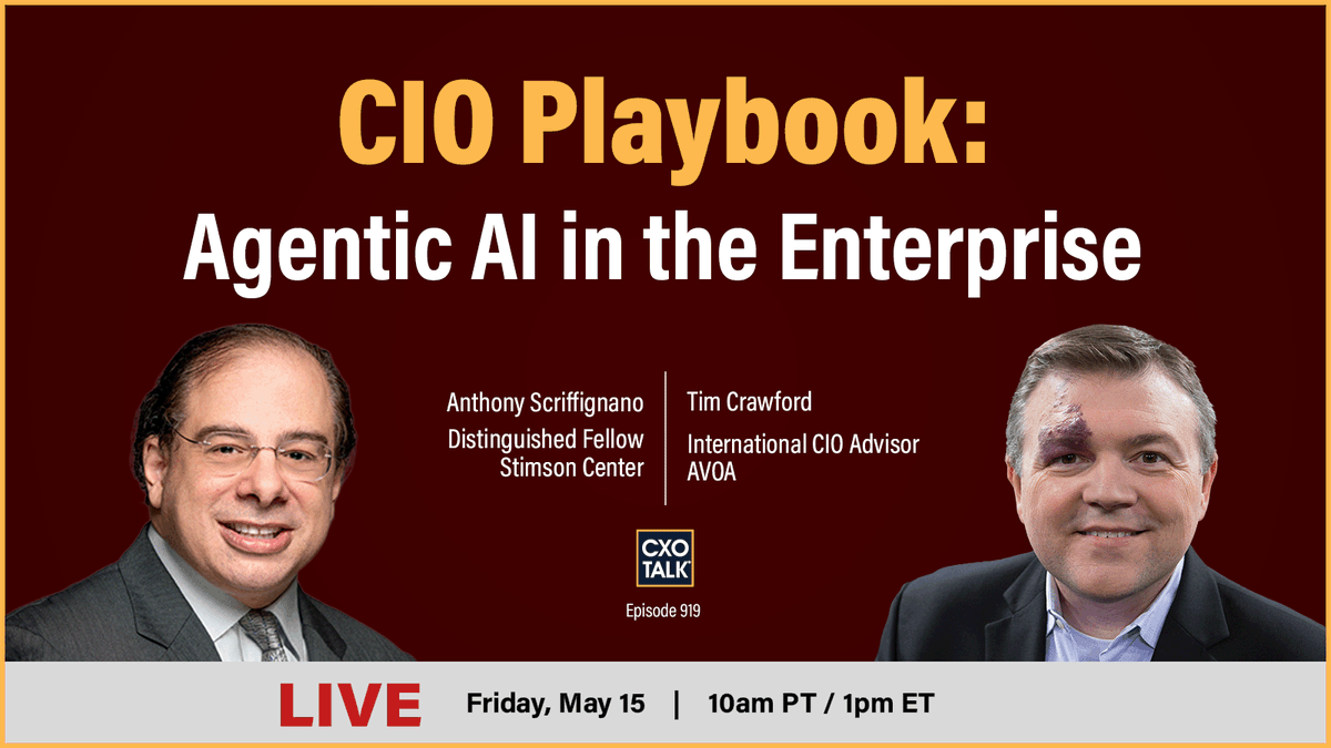 cxotalk's tweet photo. Thanks to all who joined the LIVE #CXOTalk ep. 919 w guests:
* @Scriffignano1 of @StimsonCenter
* @TCrawford, founder, @AVOAcom
Today's Topic: Agentic #AI in the Enterprise
IT will have to learn and lean how to govern #AgenticWorkflows as they're in use.
#AIAgents #AgenticAI #CIO