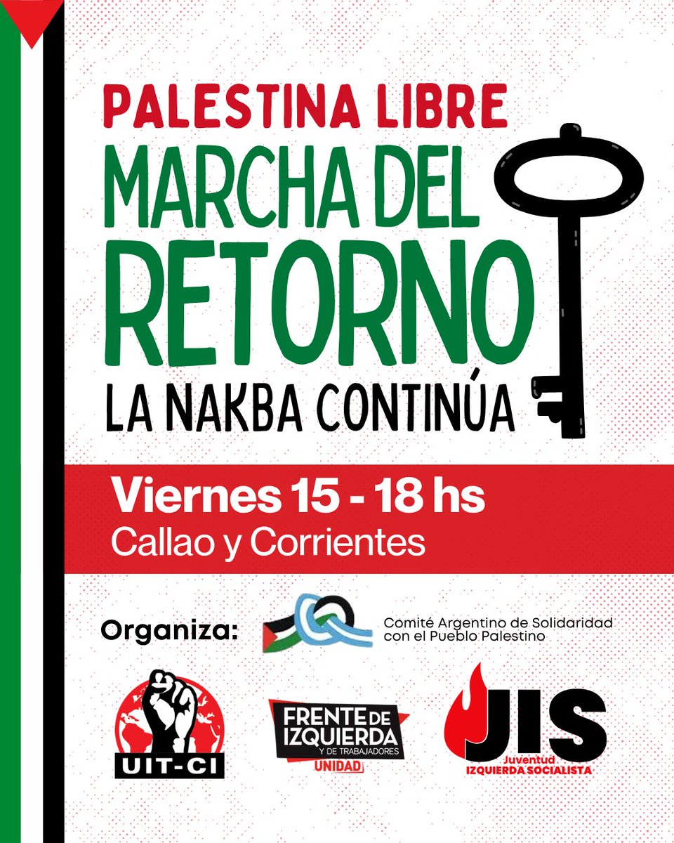 JIS_Nacional's tweet photo. Cada 15 de mayo se conmemora la Nakba, el día en que se fundó el estado sionista de Isra3l en base al destierro del pueblo palestino. A 78 años de la catástrofe, la Nakba continúa y se profundiza el genocidio.
Hoy 18 hs marchamos por una Palestina Libre del río al mar  🇵🇸 https://t.co/n9PyrgW6lT