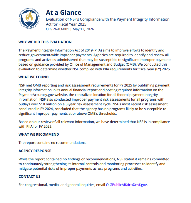 NSFOIG's tweet photo. New Report: Evaluation of NSF’s Compliance with the Payment Integrity Information Act of 2019 for Fiscal Year 2025, Report No. OIG 26-03-001, May 12, 2026 (https://t.co/TvNEYgCqb2) https://t.co/F56BIh4WxQ