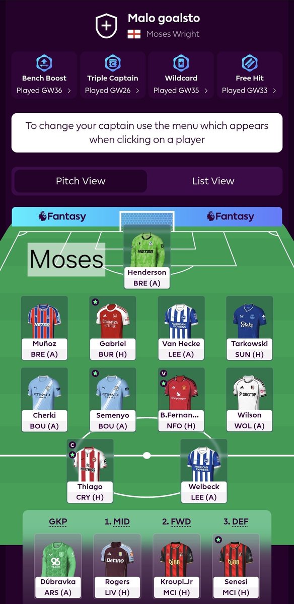 ObsessedFpl's tweet photo. GW37 FPL Obsessed Family Line Ups

This GW looks set to be the most divisive in the family yet, with 3 different captains in play and some different line ups. Moses taking a gamble against ARS 👀👇

🥇 Kev - 355k - Gyokeres ©
🥈 Nat - 591k - Gabriel ©
🥉 Moses - 1.4m - Thiago © https://t.co/OSP0VYh3tG