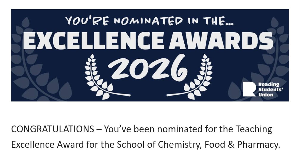 WoolleyBen's tweet photo. Very honored to be nominated for a Teaching Excellence Award along with many other fantastic colleagues in Chemistry at Reading! 

Lots to celebrate at the moment with two Teaching &amp; Learning Initiatives and Enhancement projects in Chemical Education being funded recently too! https://t.co/pi9fPhFP4s
