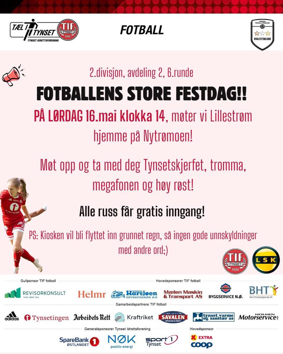 TynsetKF's tweet photo. Tynset-Lillestrøm 16.mai kl 14:00 ⚽️ https://t.co/6y0tEt96YT
