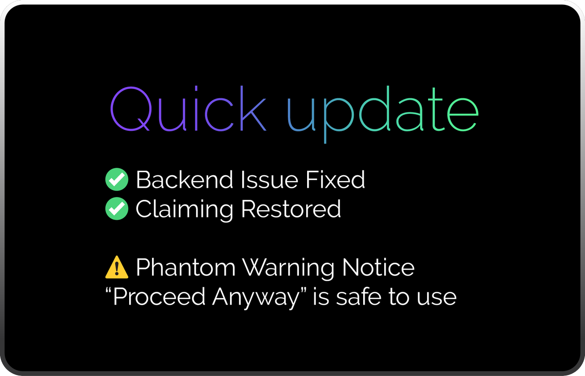 ClaimSol_'s tweet photo. Quick update ⚡

Over the last 12h we had a backend issue that affected the claiming process for some users.
The issue has been fixed and Claim SOL is back working normally 
⚠️ Phantom Wallet users may currently see this warning message:
“This dApp could be malicious…”

You can safely click “Proceed anyway” — your transactions are safe.
This issue is coming from Phantom’s side, not from Claim SOL.
Our dApp is working correctly with other wallets, and we’re already working with patience to get this resolved fully.

Big thanks to everyone supporting Claim SOL 💜
More updates soon 🚀