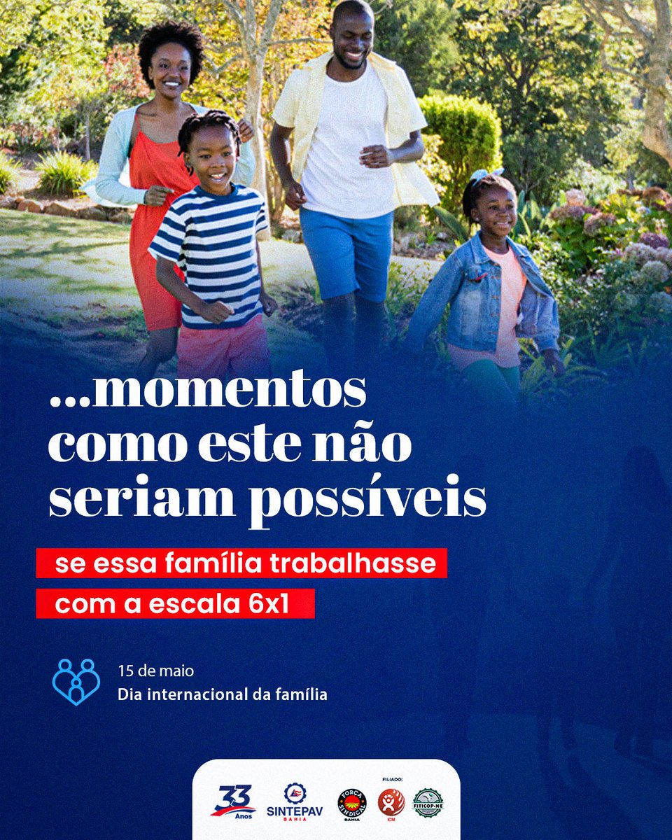 sintepavba's tweet photo. Neste Dia Internacional da Família, o Sintepav Bahia reforça: momentos como esse, com quem amamos, são incompatíveis com a exaustiva escala 6x1. Quem constrói as grandes obras do nosso estado também merece tempo para construir memórias com seus filhos e companheiros(as). https://t.co/76v3wGscXe