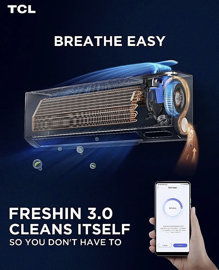_NPEG's tweet photo. No more manual cleaning. FreshIN 3.0 AC keeps your home fresh and comfortable with its self-cleaning technology. Experience intelligent comfort with TCL. #TCL #TCLNigeria https://t.co/zzV7DuRkuC