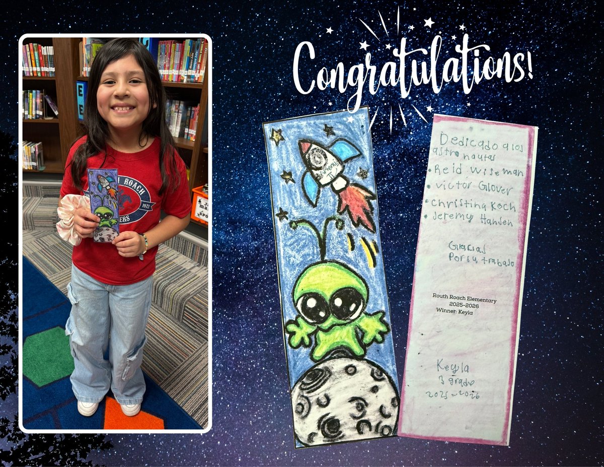 Roach_Wranglers's tweet photo. And the winners are...
Congratulations to these two creative students!  They were the winners in this year's bookmark contest!! Our 3rd grader, Keyla, made a special tribute bookmark to the crew of Artemis II. 🚀🌕❤️ #Artemis @gisdnews @DanitzaRiveraE @NASA https://t.co/cCusG9IoKf
