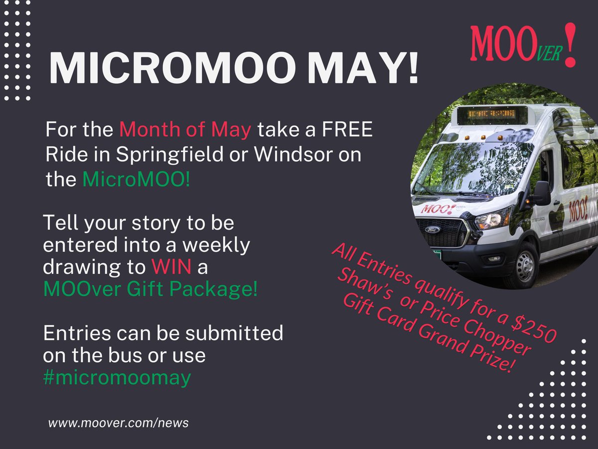 SEVTMOOver's tweet photo. We're in the middle of MicroMOO May in Springfield and Windsor. Here are some comments: "The MicroMOOver has opened doors for me, and helped me get rides to side jobs." "It helps me bring my son to school."
Grand prize drawing coming on June 1st for a $250 GC in each town. https://t.co/OR7L8TnLnG