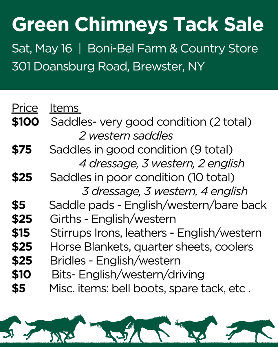 GreenChimneys's tweet photo. Stop by the Green Chimneys Tack Sale on Saturday, May 16 from 10am to 2pm at Boni-Bel Farm and Country Store. Each piece has been routinely cared for and maintained, and all sales will benefit our program for students with special needs. Don’t miss this unique opportunity to find a bargain for your equine program, barn or home! It’s also the perfect time to check out the Country Store and Farm stand as the growing season kicks off.

Boni-Bel Farm & Country Store
301 Doansburg Road, Brewster, NY