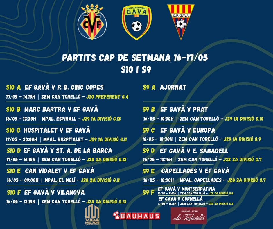 EFGava's tweet photo. 🟢🔵PARTITS

Ja estan disponibles els partits del cap de setmana ⚽️⚽️

A disfrutar dels partits que queden 🥳🥳

Molta sort a tots i totes 🍀🍀

#oleolegavà #somefgavà #mareagroga #futbol #futbolbase https://t.co/Vjw11GzO1X