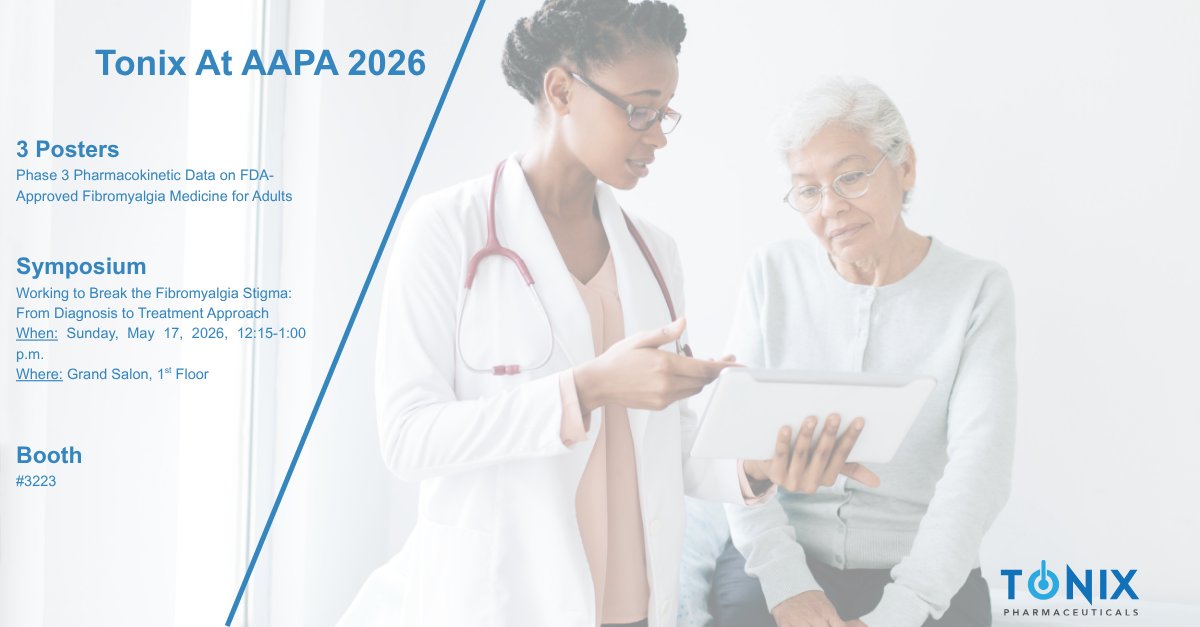 TonixPharma's tweet photo. We’re on the ground at the @AAPAorg Conference! If you’re here, check out our 3 posters on the big screens and stop by our symposium and booth. 

Also view the posters on our website: https://t.co/Heg9uGPJ7F

#AAPA26 #Fibromyalgia #ChronicPain #Tonix https://t.co/8w8PHDWVAg