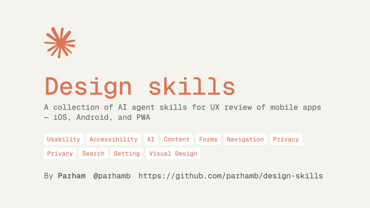 parhamb's tweet photo. This week, I created Design Skills for Claude. The original version was a UX checklist I published on Github almost 9 years ago, so you can use it as an AI agent skill to review your app UX. I’d love to hear your feedback.
https://t.co/8BLeQJNMJF
#Claude #Skill #Design #UX https://t.co/fnvWlY2oxk