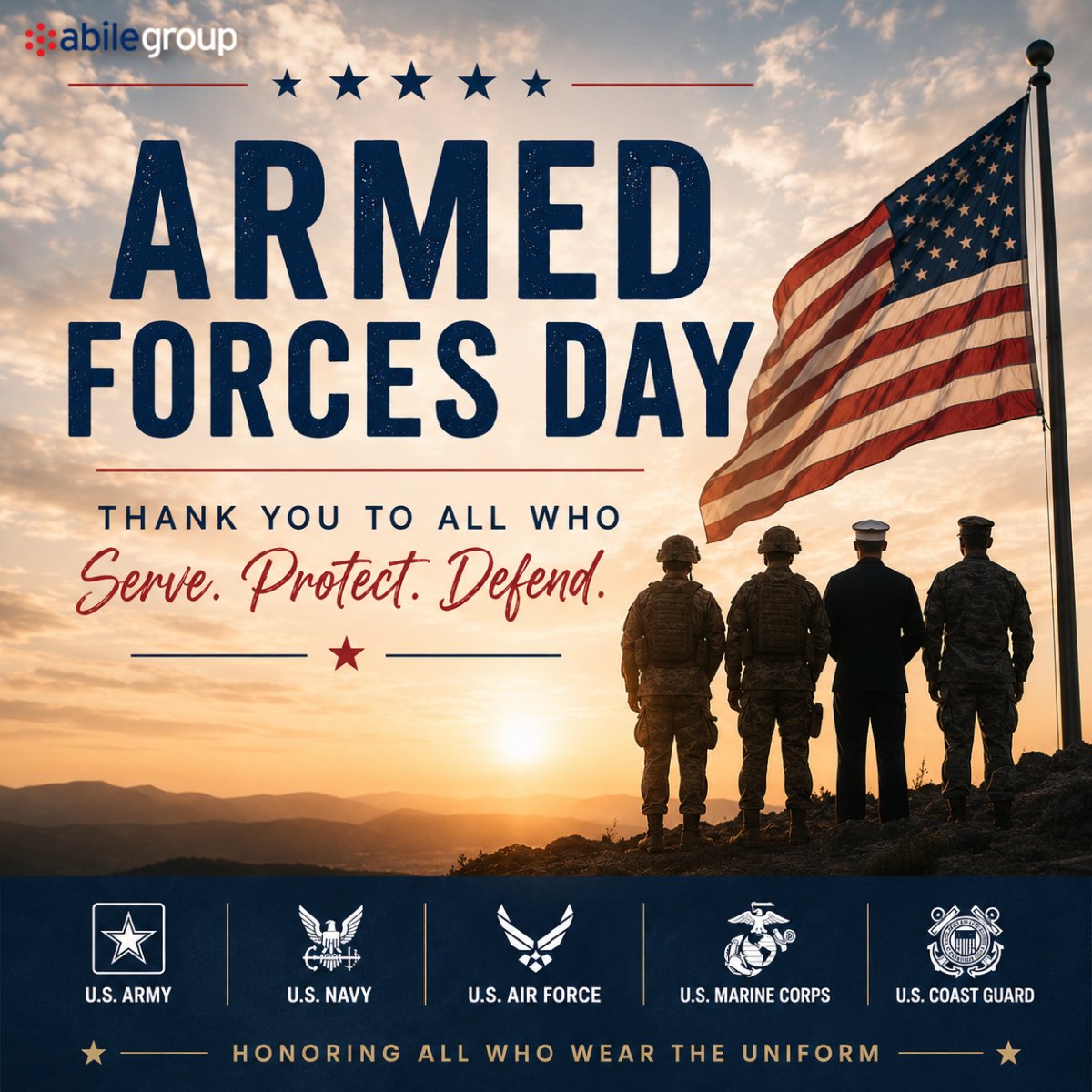 AbileGroup's tweet photo. This Armed Forces Day, Abile Group proudly honors the courage, sacrifice, and dedication of all who serve in the United States Armed Forces. Thank you for protecting our nation and defending our freedom. 

#ArmedForcesDay #SupportOurTroops #AbileCares https://t.co/fhOQDvw4yF