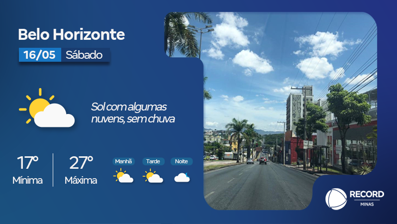 recordtvminas's tweet photo. Neste sábado (16), Belo Horizonte terá sol entre algumas nuvens e tempo firme ao longo do dia, sem previsão de chuva, segundo a meteorologia. ☀️⛅ https://t.co/eyx24tLk4B