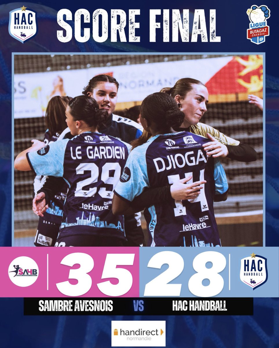 HacHandball's tweet photo. [SCORE FINAL]

❌ C’est terminé à Maubeuge. Notre partenaire Handirect Normandie vous présente le score final.

➡️ Dans ce duel des mals classés de LBE, nos Conquérantes s’inclinent de 7 buts face à @SambreAvesnoisH 

#noussommeslehavre https://t.co/QXYFF4tXIU