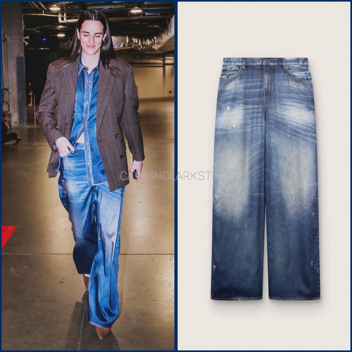 caitlinclarksty's tweet photo. May 15, 2026: @CaitlinClark22 at Fever vs Mystics | wearing #GoldenGoose Boyfriend jeans in blue denim with archive print. Shop: $630 https://t.co/xkUrnfgPfd #GGPartner https://t.co/lXxVKblkK5