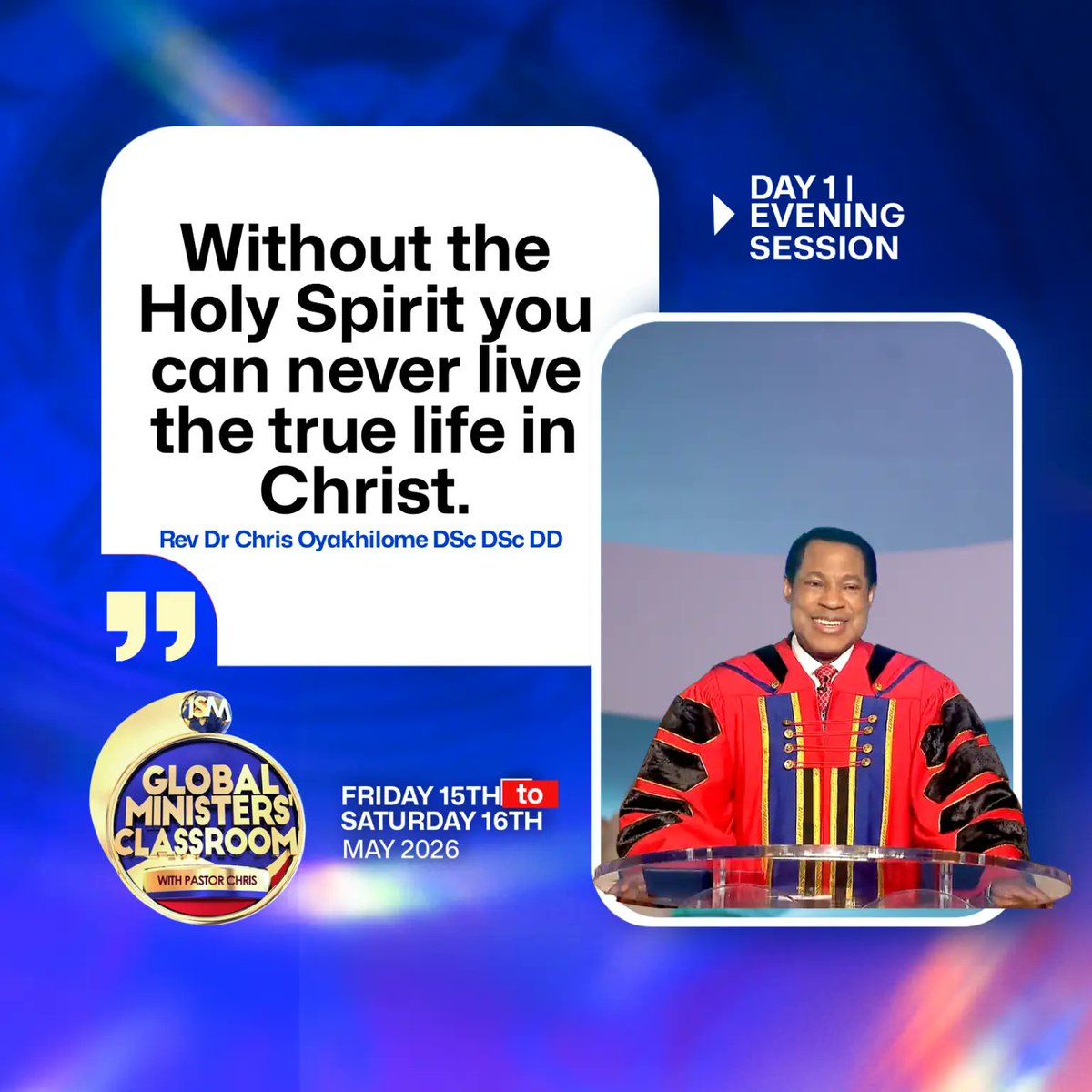 GlobalMinister_'s tweet photo. THE MAN OF GOD, PASTOR CHRIS IS LIVE - ISM 2026 GLOBAL MINISTERS' CLASSROOM.

"Without the Holy Spirit you can never live the true life in Christ."

Tune in and invite others: https://t.co/up6zmu2BH9
https://t.co/NpIt8vVjoz 
#ISM
#PastorChris
#globalministersclassroom
#GMC2026 https://t.co/lGQZSQzJyw