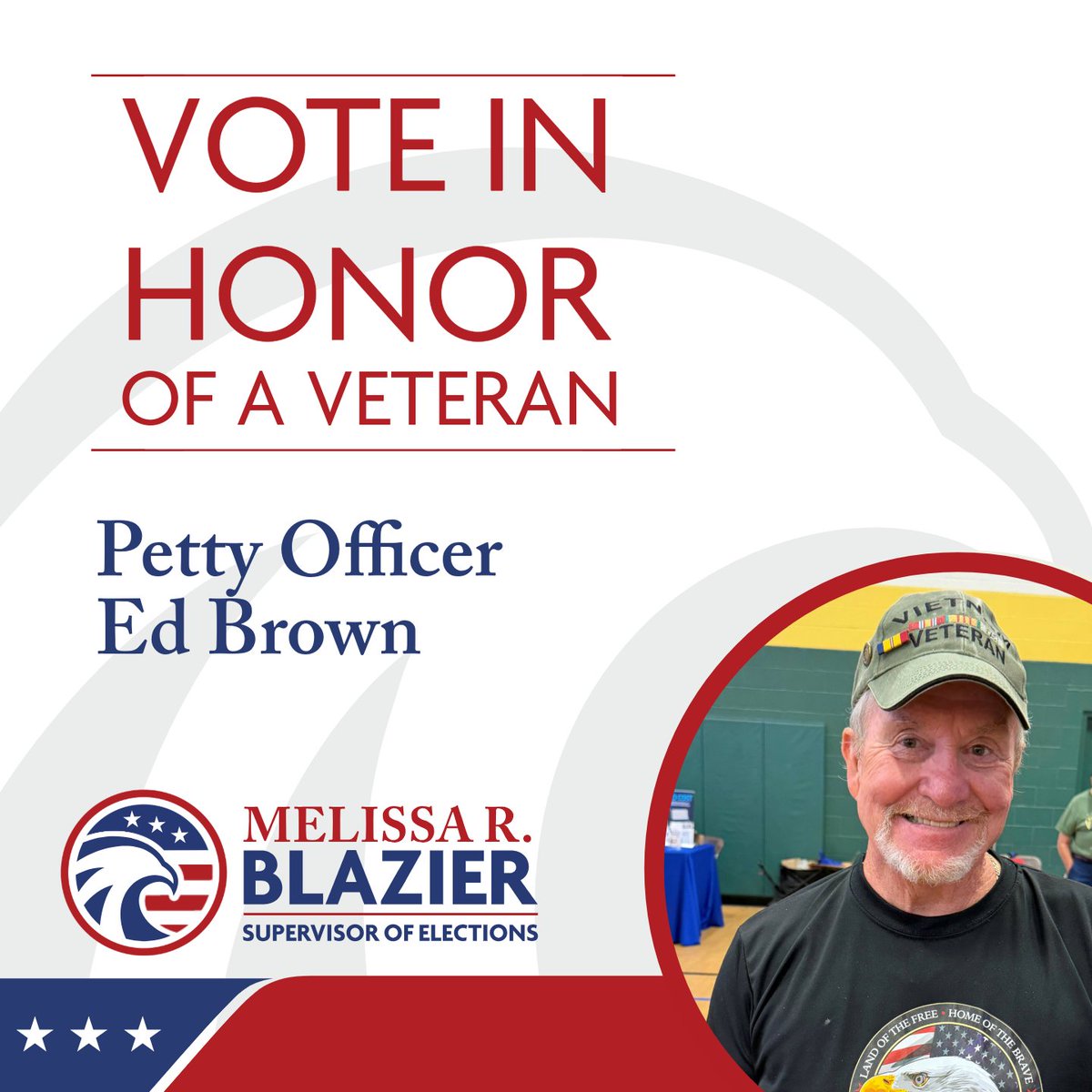 CollierVotes's tweet photo. Today, we recognize Petty Officer Ed Brown for his service in the U.S. Navy during the Vietnam War. PO3 Brown served from 1968 to 1970 in the Naval Construction Battalion, aka the Navy Seabees.

The next time you vote, Vote in Honor of a Veteran. ❤️

#MilitaryAppreciationMonth https://t.co/7CEdPB76Do
