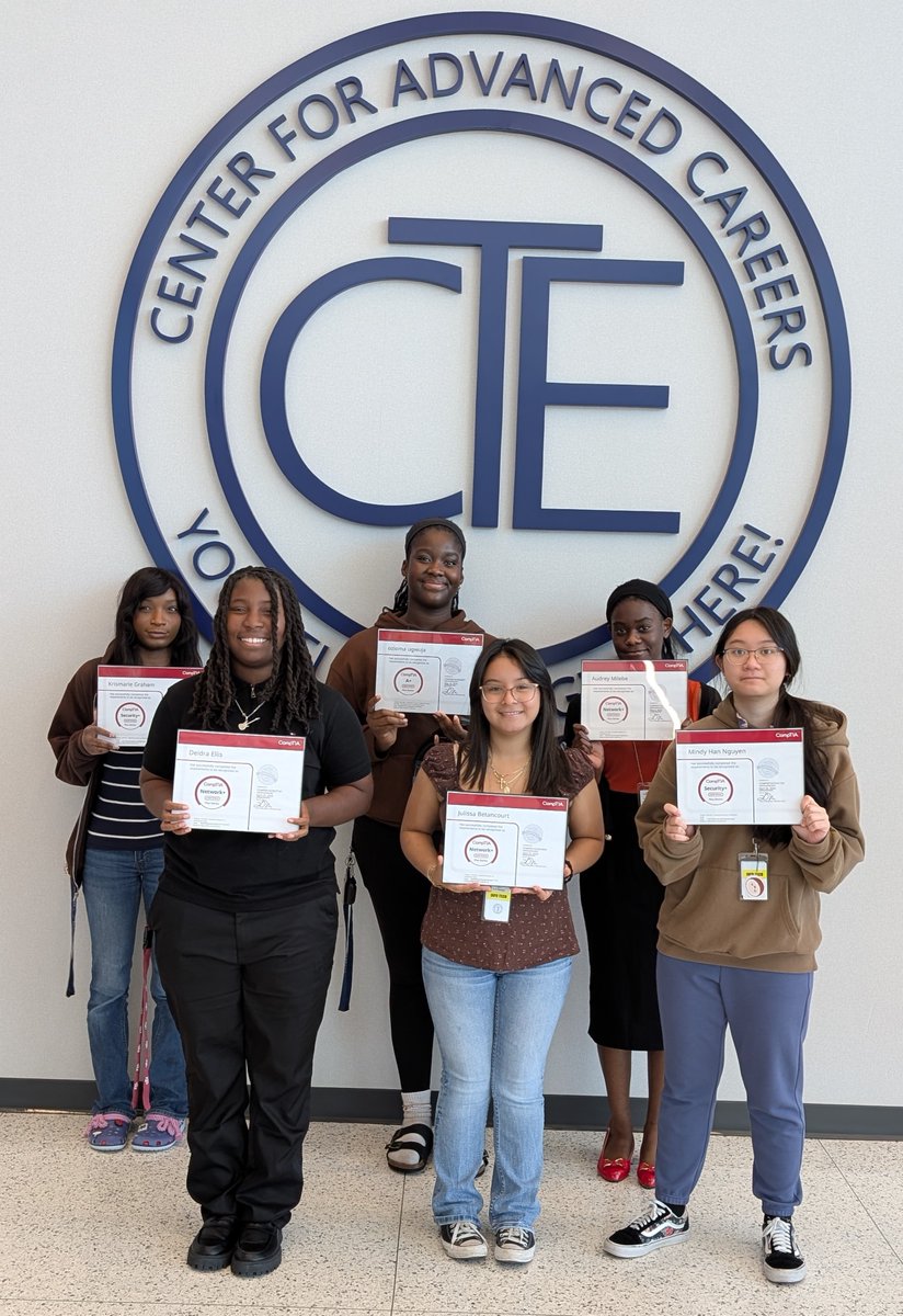 Alief_Career's tweet photo. It's a year of first and the Ladies are here. First time we had 6 ladies in one year obtain their Tier 1 CompTIA cert. There's more! All 3 certs offered were obtained at each course level. You need cyber security? It all starts here! #AliefCTE #AliefProud #WeAreAlief https://t.co/XmwYhEWhoc