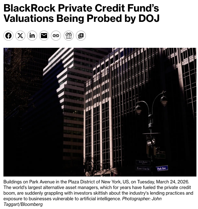 wallstengine's tweet photo. BLACKROCK PRIVATE CREDIT FUND VALUATIONS PROBED BY DOJ

Bloomberg reports federal prosecutors are scrutinizing valuation practices at BlackRock $BLK TCP Capital.

TCPC is a publicly traded business development company tied to BlackRock’s private credit platform.

The fund made a rare off-cycle disclosure in January saying it expected to cut asset values by 19%.

NAV fell from $8.71 per share at the end of Q3 to $7.07 at the end of Q4.

Shares dropped 13% on January 26, the worst day since March 2020.

Investors later filed class-action lawsuits alleging the fund made false statements and failed to properly value loans.

BlackRock declined to comment.

Probes can end without charges.