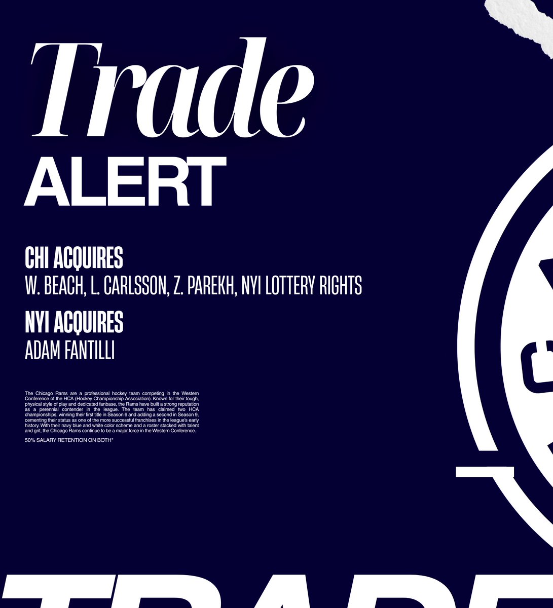 HCARams's tweet photo. TRADE: We have acquired Leo Carlsson, William Beach, Zayne Parekh, and Lottery Rights from the New York Imperials in exchange for Adam Fantilli. https://t.co/wwJ0QELudx