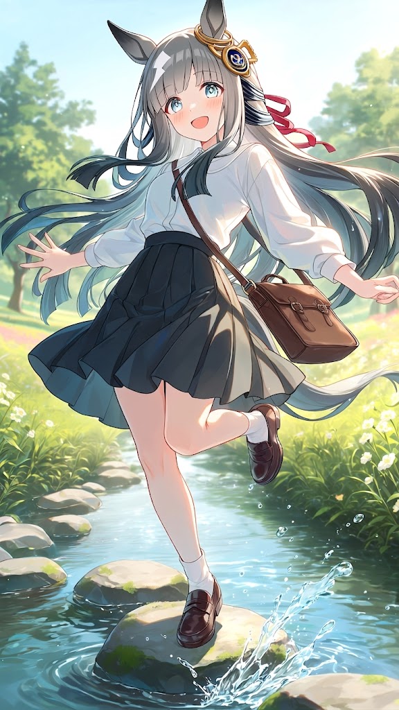 Lentoleaf's tweet photo. クロノジェネシスちゃん。
小川の飛び石の上をピョンっと。
だんだん暑くなってきたので
少し涼しげなものわ載せたくなりますね😀
#AIart https://t.co/fxFNwdlA1S