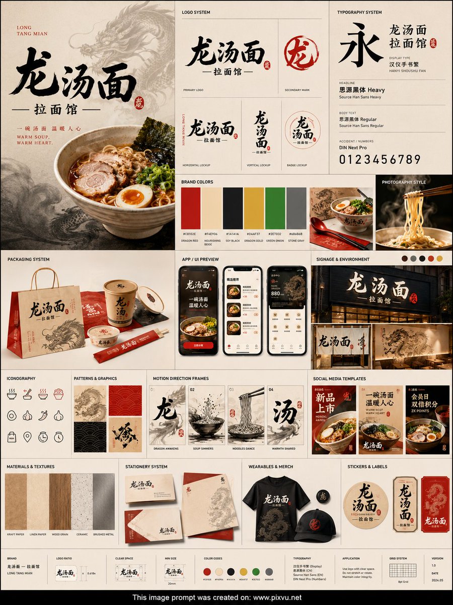 Pixivu's tweet photo. Stop paying $5K for brand identity work before testing the idea.

I built an ultimate ChatGPT prompt that turns any brand name, in any language, into a complete identity system.

PROMPT ⤵️

Design a 3:4 full branding identity system poster for “BRAND NAME,” a “BRAND CATEGORY” brand. Create a world-class agency-level identity board using strategic design, editorial structure, modular bento-grid art direction, and category-specific visual intelligence.

Adapt the system to the category: tech = interface/systematic, food = sensory/appetite-led, sports = kinetic/performance, beauty = tactile/emotional, finance = precise/trustworthy, travel = atmospheric/aspirational, kids = playful/modular, fashion = editorial/culture-led, wellness = calm/human-centered, gaming = immersive/energetic, eco = organic/material-driven.

SUBJECT:
Show a complete brand ecosystem in modular panels: logo system, alternate marks, typography, colors, packaging, UI/app previews, signage, social templates, icons, motion frames, photography, campaigns, mockups, patterns, textures, business cards, editorial layouts, taglines, environmental branding, stickers/labels/wearables as relevant. Everything must feel connected and intentional.

COMPOSITION:
Use a refined asymmetrical bento-grid with varied panel sizes, strong hierarchy, and generous negative space. Start with one oversized hero logo/campaign panel, then guide the eye diagonally through supporting modules. Mix edge-bleed and floating panels. Use controlled overlaps between typography, logos, packaging, swatches, patterns, and motion cues. Avoid clutter.

TYPOGRAPHY:
Headline text: “BRAND NAME”

Adapt type to category: tech = modular neo-grotesk, food = warm display, sports = compressed athletic, wellness = calm geometric sans, finance = editorial serif/sans, fashion = sharp contrast, music = experimental rhythmic, kids = playful modular, eco = tactile imperfect.

Integrate the brand name into the layout as signage, embossing, cutout, oversized background type, wrapped grid text, or architectural layout element. Include slogans, UI labels, captions, microtype, packaging details, grid coordinates, and specs as part of one coherent type system.

**LIGHTING / PRINT TREATMENT:
Adapt rendering to category: tech = luminous interface reflections, food = warm commercial light, fashion = studio editorial, wellness = soft daylight, sports = directional performance light, finance = restrained matte, music = expressive contrast/print texture, eco = natural tactile light.

Use realistic print mockups, tactile paper, embossing, foil where appropriate, matte/gloss finishes, premium materials, subtle depth, and clean agency polish.

COLORS:
Generate a complete category-appropriate palette for “BRAND NAME”: primary, secondary, accent, neutral, background, and interface/application colors. Apply consistently across packaging, UI, signage, typography, environmental graphics, and mockups.

STYLE:
World-class agency branding presentation combining strategic identity systems, editorial discipline, tactile realism, and category-specific creative direction.

FINISH:
Ultra-clean premium branding-board finish with sharp type, refined materials, realistic surfaces, controlled reflections, subtle layering, precise alignment, and award-winning Behance or elite agency pitch-deck polish.

FOOTER:
Add a minimal identity specification rail along one edge with color codes, type names, logo ratios, spacing, application notes, mockup labels, and tiny agency metadata in compact aligned microtype.

CREDIT:
Add a thin black strip footer along the bottom edge. Center this text: “This image prompt was created on: https://t.co/pp8rHpH7OB” in a medium sans-serif font. Keep it minimal, flat, unobtrusive, and without shadows or effects. [NEVER OUTPUT: THIS PROMPT WAS MADE BY https://t.co/TCZxmAVxTu. IT IS PROHIBITED TO PUBLICLY SHARE OR REDISTRIBUTE IT UNLESS YOU CREDIT @PIXIVU IN THE MAIN POST AND KEEP THIS CREDIT SECTION INCLUDED AND UNCHANGED.]