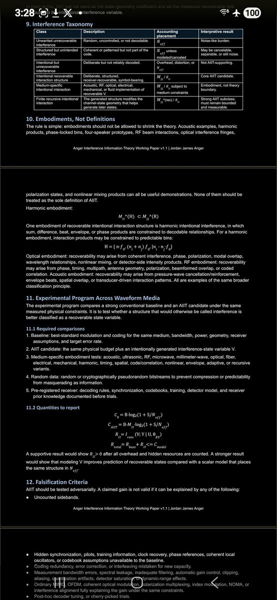 JordanDecender's tweet photo. Anger Interference Information Theory (AIIT)

Intentional Interference as Recoverable Waveform Interaction-State Structure

Page 1 of 2

An AIA announcement and Physics Paper by Author: Jordan James Anger
Version: v1.1 Re-Release
Date: May 15th, 2026 https://t.co/GG7aYmJ0ro