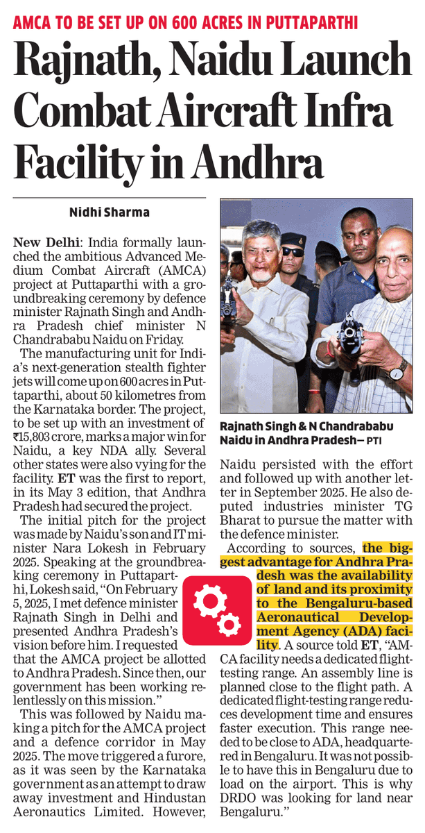 nidhi_sharma's tweet photo. EXCLUSIVE: The backstory of how Andhra Pradesh clinched  AMCA manufacturing unit. While the country was busy with Delimitation Bill and elections @ncbn was putting together a massive aerospace play behind the scenes. Daily follow-ups, technical discussions, and LOIs were moving on AMCA program — a project that could unlock billions of dollars in investments and reshape India’s aerospace manufacturing ecosystem for decades. Read in @ETPolitics
https://t.co/7wSvxjmGDo