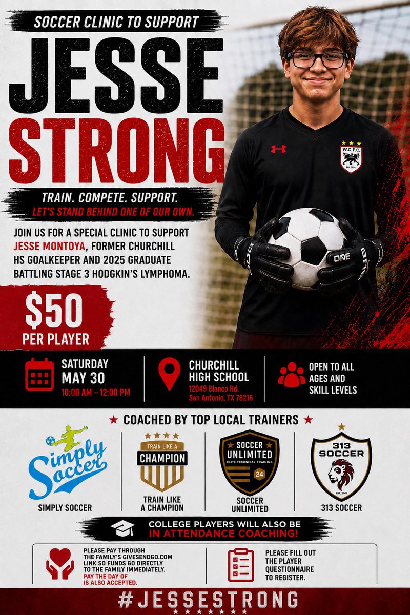 6a_28's tweet photo. 💜⚽️ JESSE STRONG ⚽️💜

The SA soccer community is coming together to support Jesse Montoya, a 2025 @WeAreWCSoccer graduate battling Stage 3 Hodgkin’s lymphoma.

📍Churchill HS
📅 May 30 | 10 AM–12 PM
💲$50

📝 Register:
https://t.co/uwaI6yYKOp

❤️ Donate:
https://t.co/DxwHKvFGP2 https://t.co/gEh5yphpr8