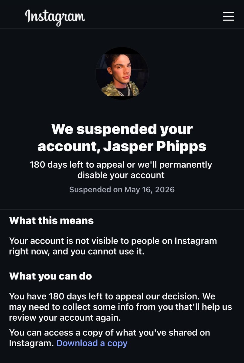 jasperphipps's tweet photo. Instagram gone. 

Can repost comment share whatever. Idk what to do besides have my guy do what he can for me. Completely out of my control. This is my life and if it’s cooked I’m cooked. 

Idk if this is the peace out or what but a comment n rt is helpful. My 2nd acc is below in comments.