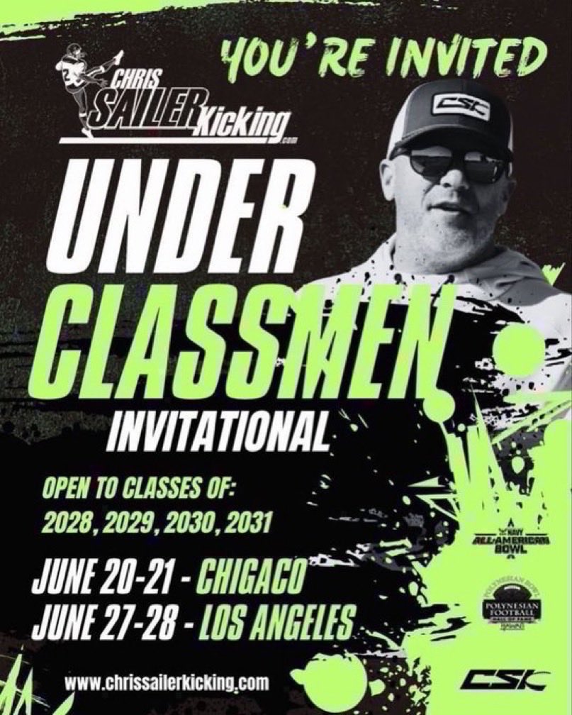 Chris_Sailer's tweet photo. @evqnchristopher You’re officially invited to the 2026 Chris Sailer Kicking Underclassmen Invitational. Looking forward to watching you compete against the best in your class from all over America! Register ASAP at https://t.co/9bV0fSrHIT to secure your spot! https://t.co/PnFcxLgfoT